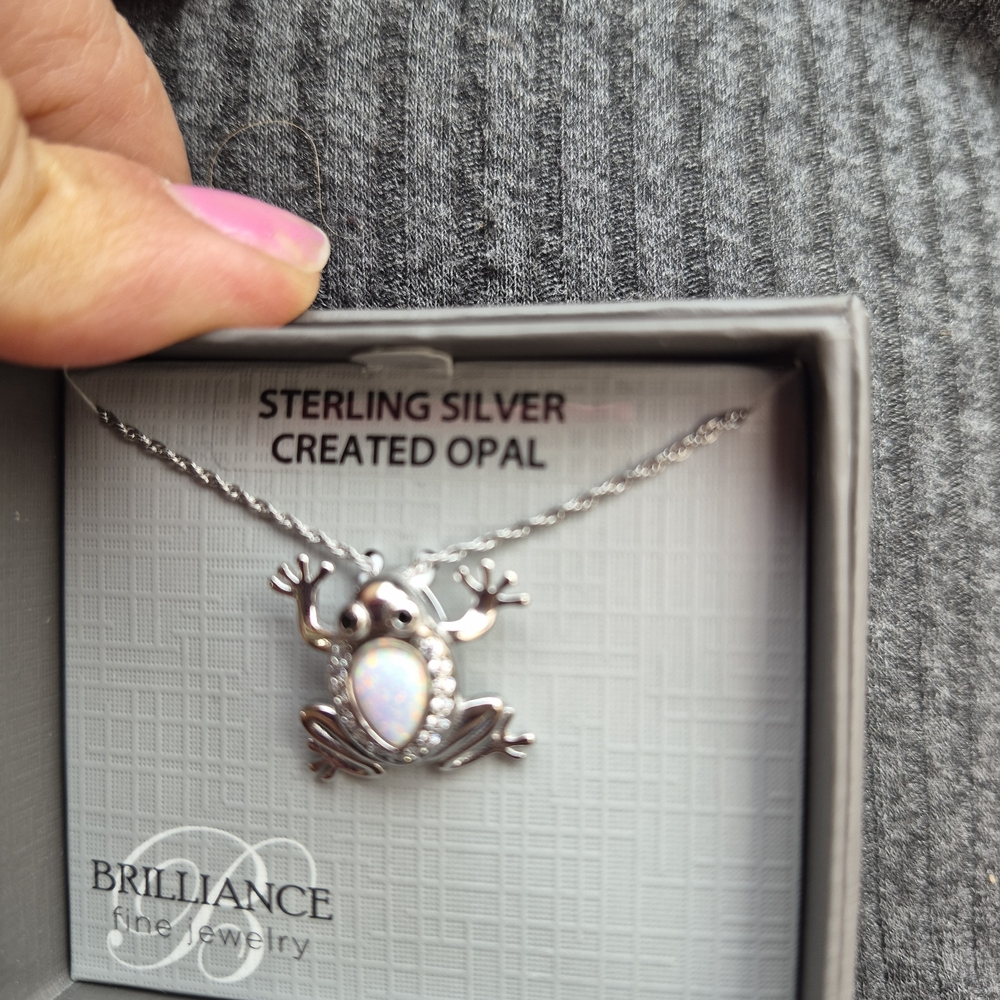 Sterling Silver Frog Necklace with Opal